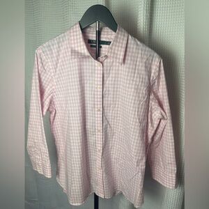 Lauren Ralph Lauren Button Down Non-Iron 3/4 Sleeve Shirt pink gingham XL woman